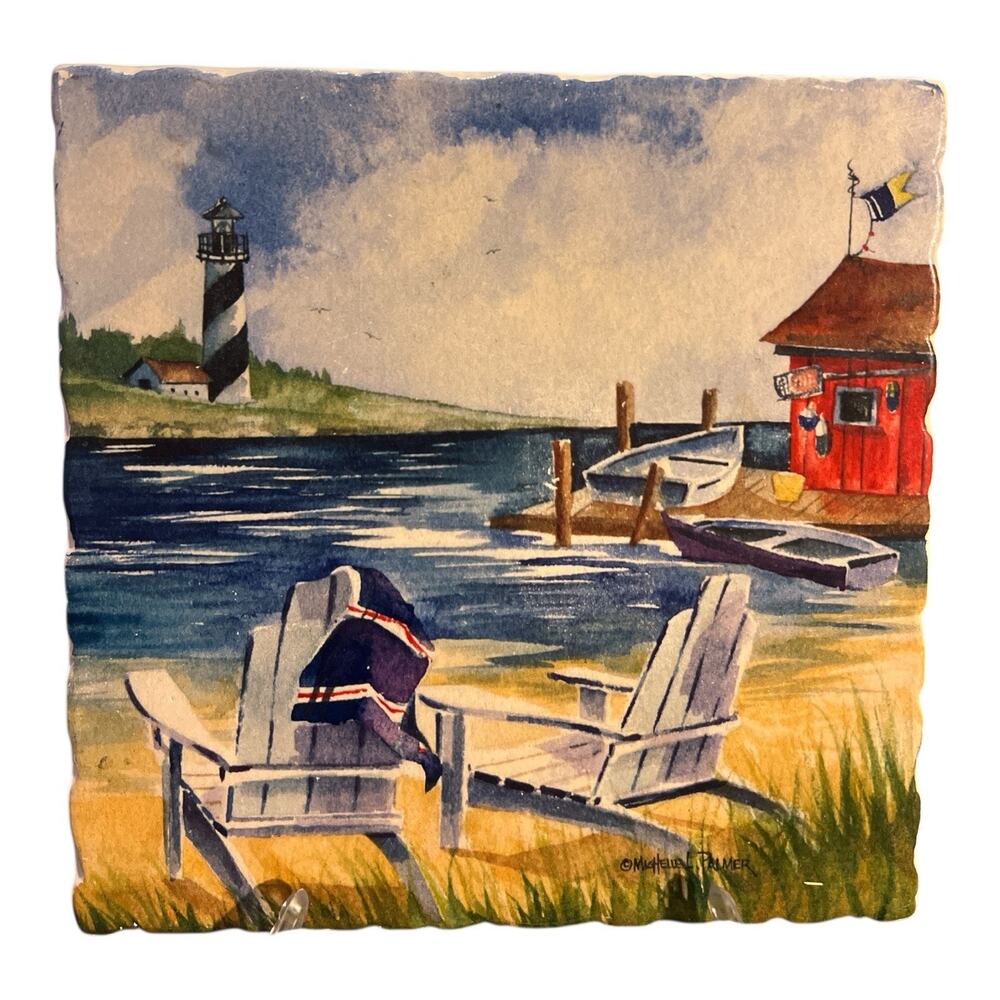 Michelle Palmer Coastal Lighthouse Ceramic Tile Trivet 7.5 “Beach Nautical Decor